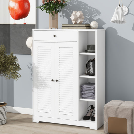 Freestanding Shoe Rack Organizer with 2 Shutter Door, Entryway Narrow Shoe Storage with Adjustable Storage Shelf &Top Drawer, Modern Slim Shoe Cabinet, White