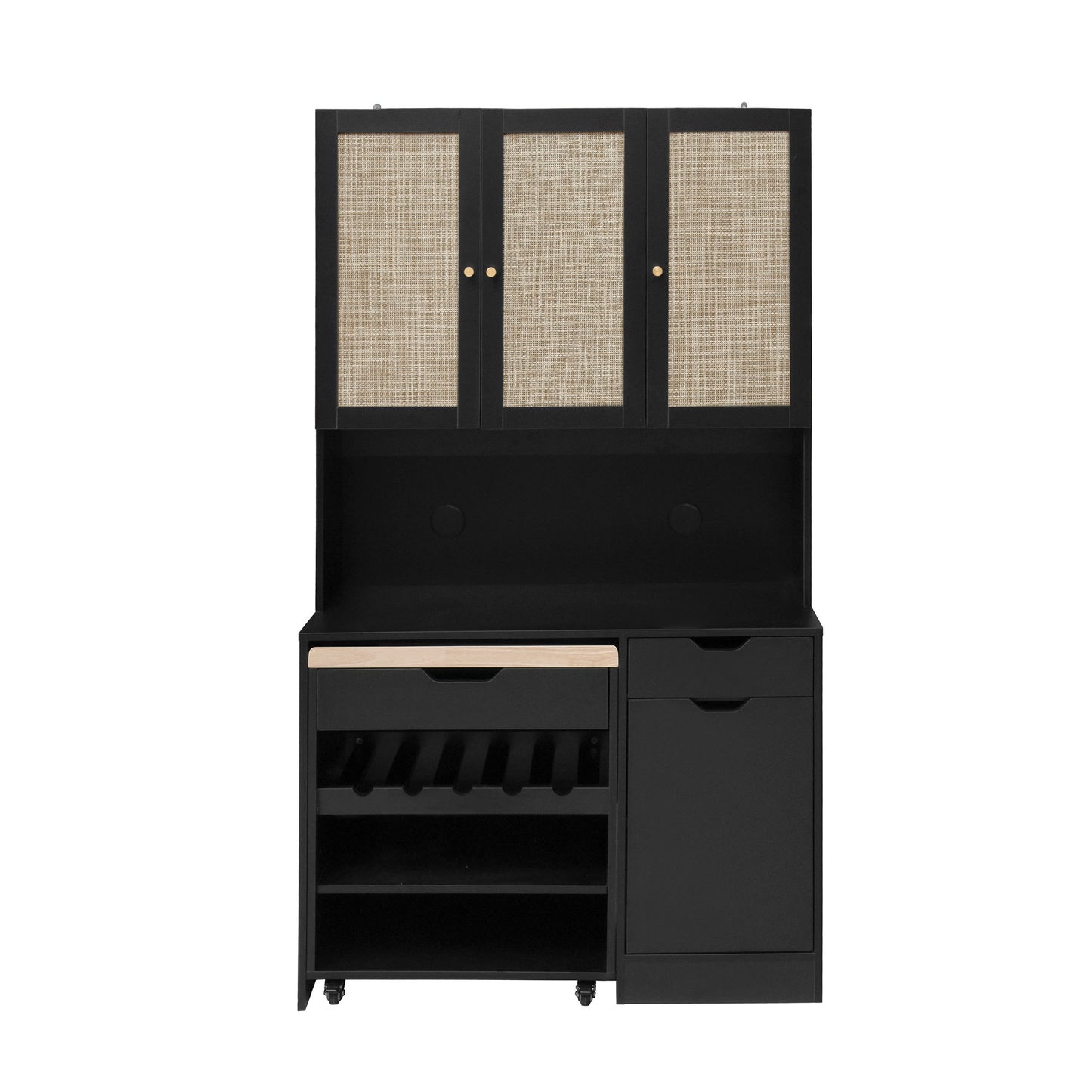 69.29' Kitchen Pantry Storage Cabinet, Modern Buffet Cabinet with Kitchen Cart, Tall Kitchen Hutch Cabinet with Microwave Stand, Food Pantry Cabinet with 3 Rattan Doors and Adjustable Shelves, Black