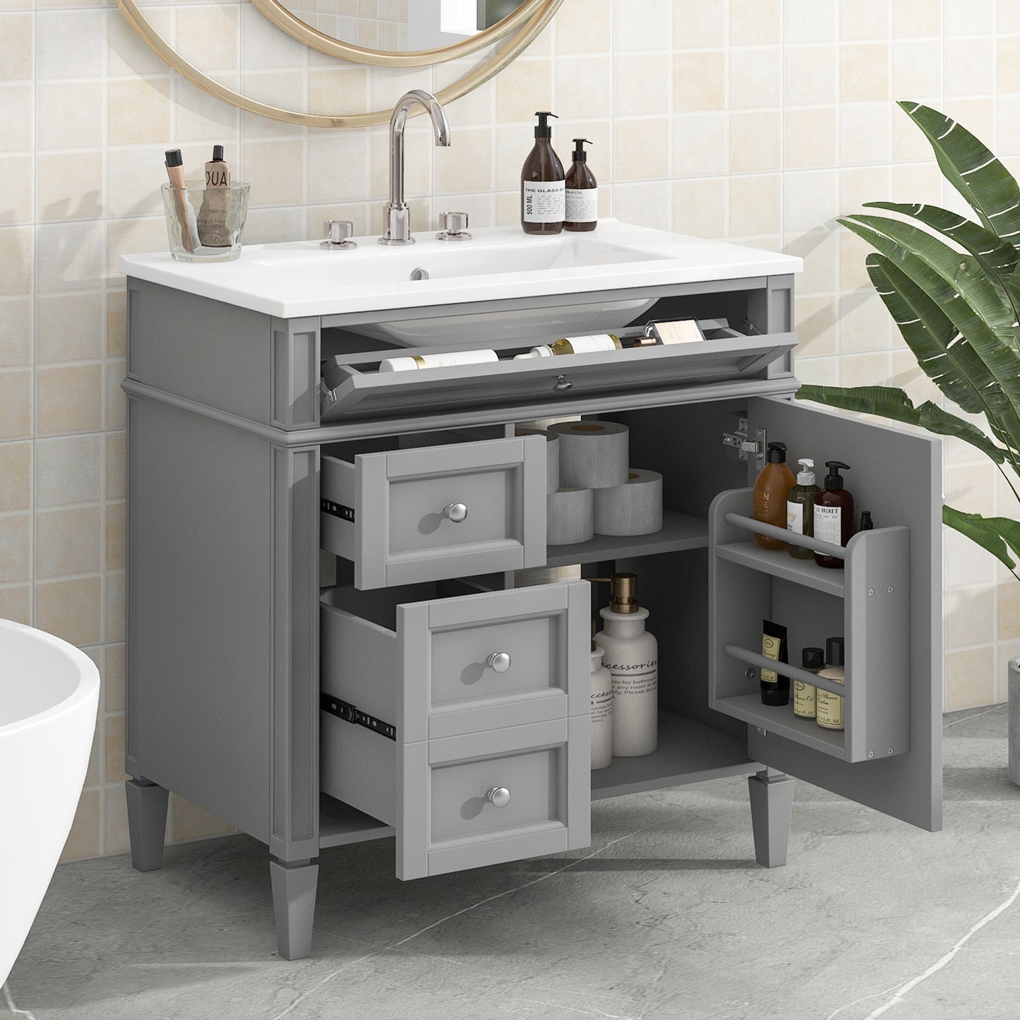 30'' Bathroom Vanity with Top Sink, Modern Bathroom Storage Cabinet with 2 Drawers and a Tip-out Drawer, Single Sink Bathroom Vanity