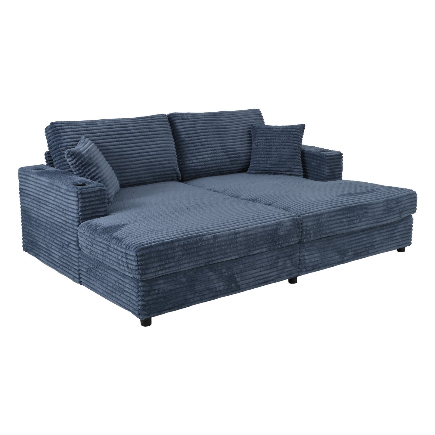 Oversized Loveseat Chaise Lounge Sectional Sofa Bed with USB Ports, Cup Holders, and Throw Pillows, Blue Corduroy