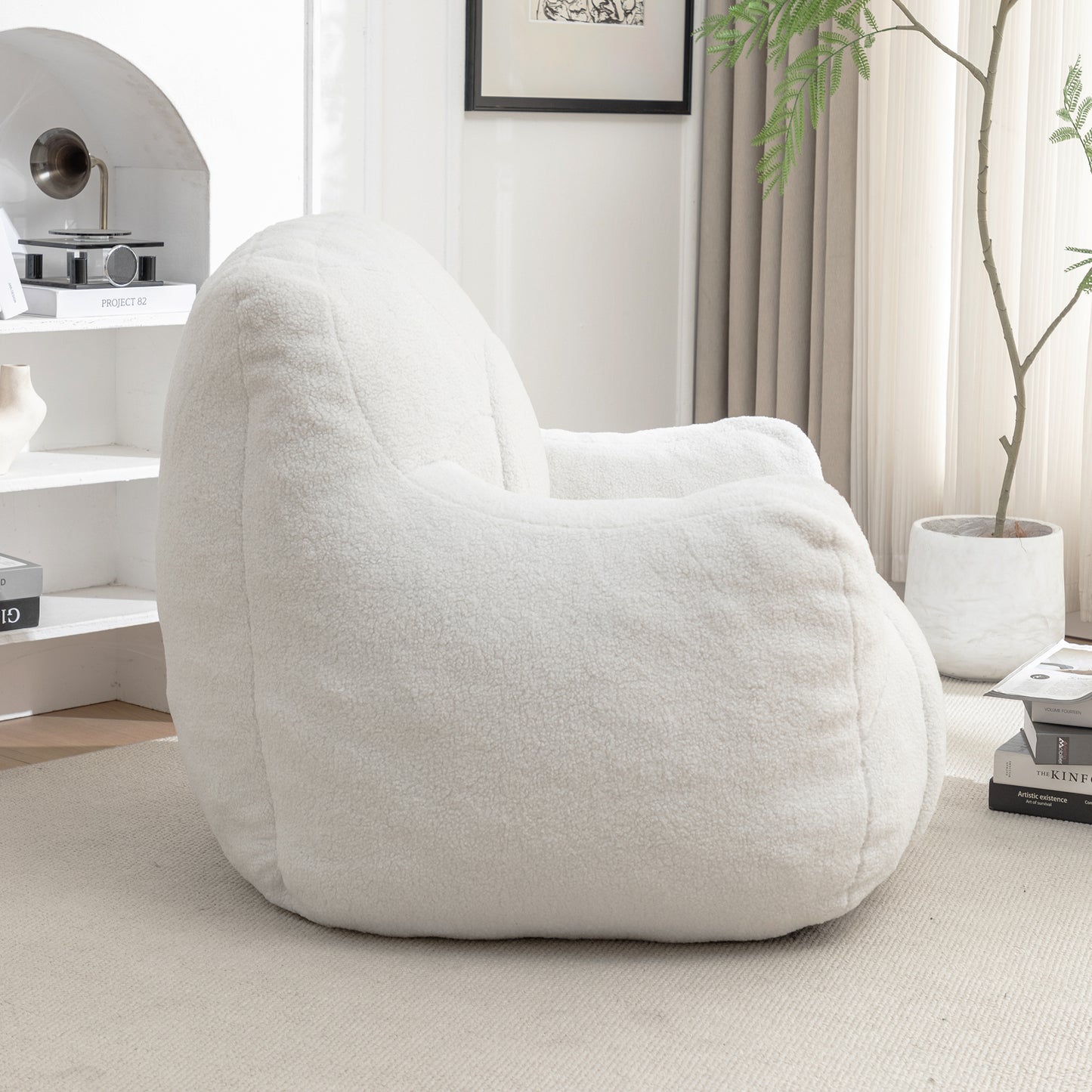 Comfy Bean Bag Chair with Filler, Tufted Memory Foam Sofa in White Teddy Fabric, Fluffy and Cozy Seating for Dorm, Apartment, or Living Room