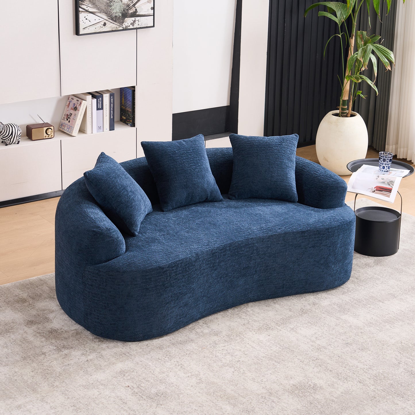 LY-025S Curved Loveseat Blue Full Compression Sponge Sofa, 30D Chenille No-Assembly Compact Sofa for Small Spaces & Apartments, 65'L, 300 lbs, 3 Pillows
