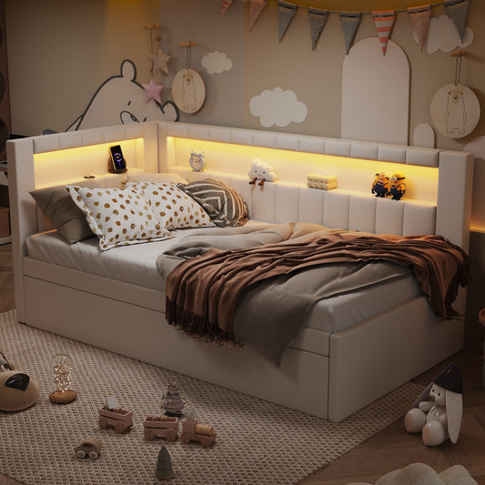 Upholstered Twin Size Platform Bed with USB Ports and LED Belt, With Trundle, White