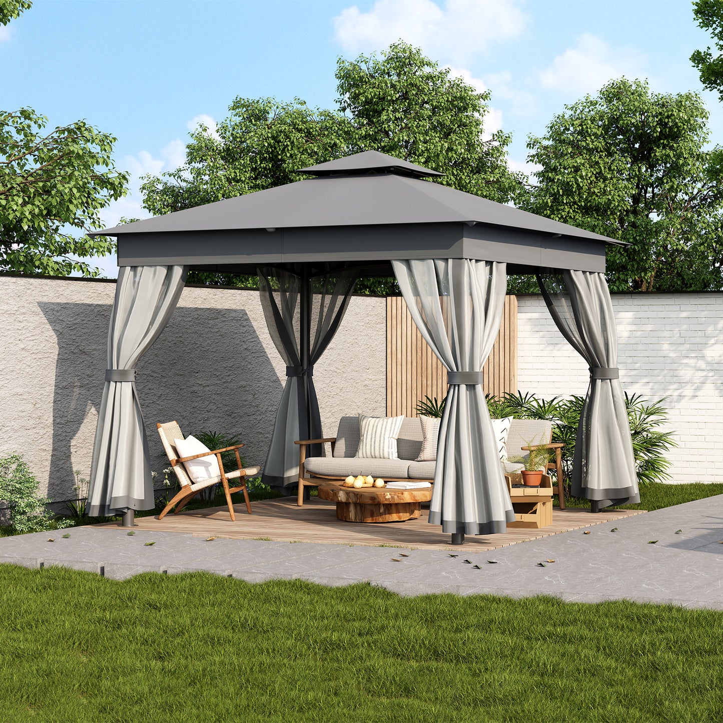 TREXM 10x10 Outdoor Gazebo Tent with Double Roofs, Patio Gazebo with Mosquito Netting, Patio Canopy for Backyard, Garden, Lawn and Deck (Grey)