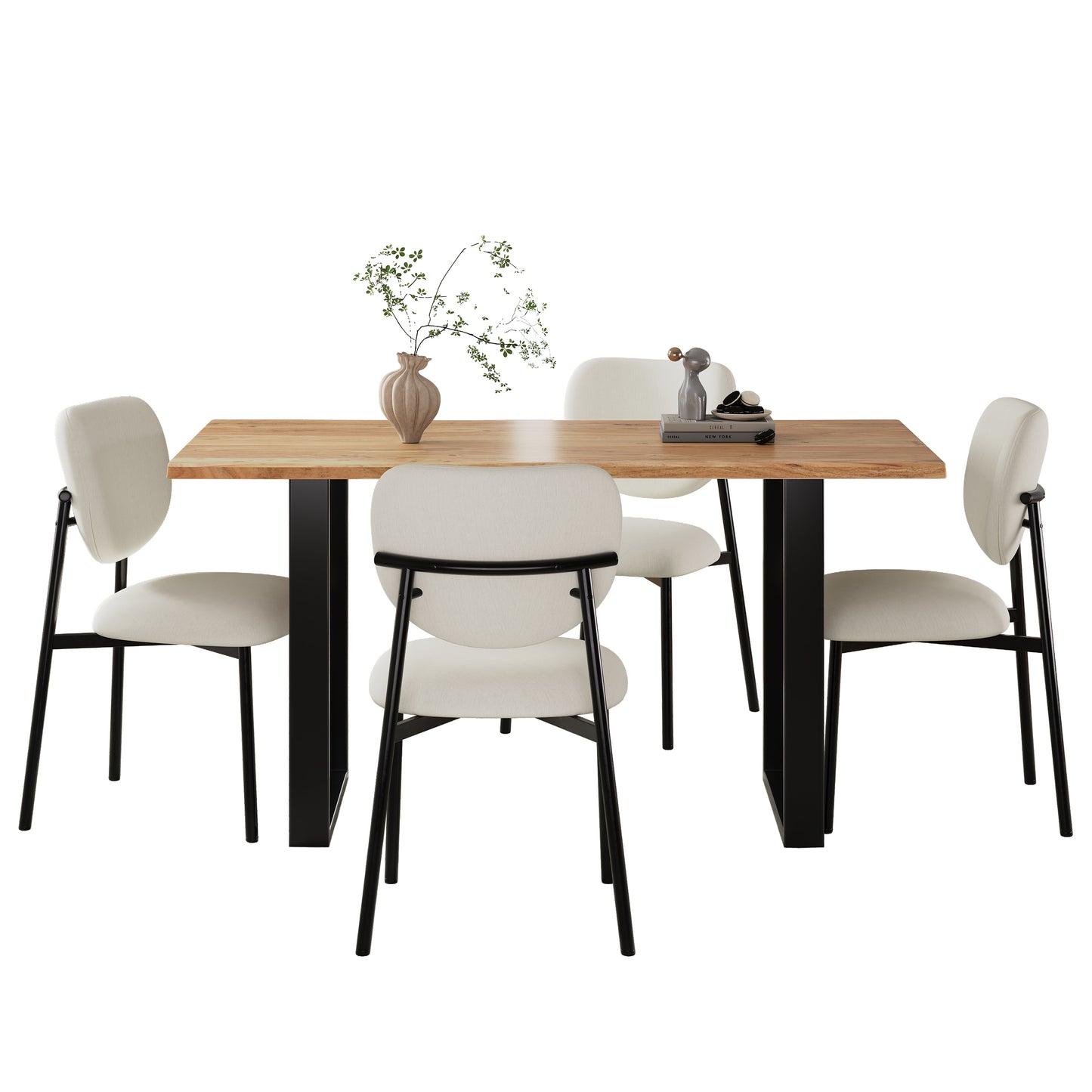 Mid-Century 5-Piece Dining Set with Upholstered Dining Chairs and Metal Legs in Beige and Black, Solid Wood Top Metal Base Dining Table