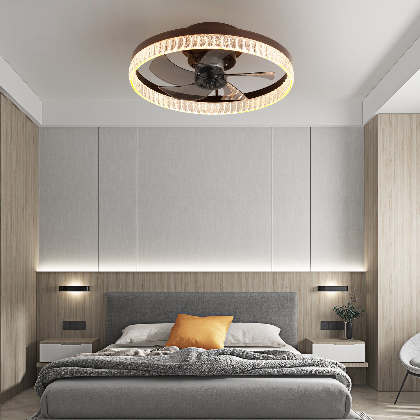 20' Brown Ceiling Fan with LED Light – Modern Flush Mount Fan Light for Bedroom, Living Room, and Home Décor with Crystal Ring Design