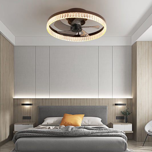 20' Brown Ceiling Fan with LED Light – Modern Flush Mount Fan Light for Bedroom, Living Room, and Home Décor with Crystal Ring Design