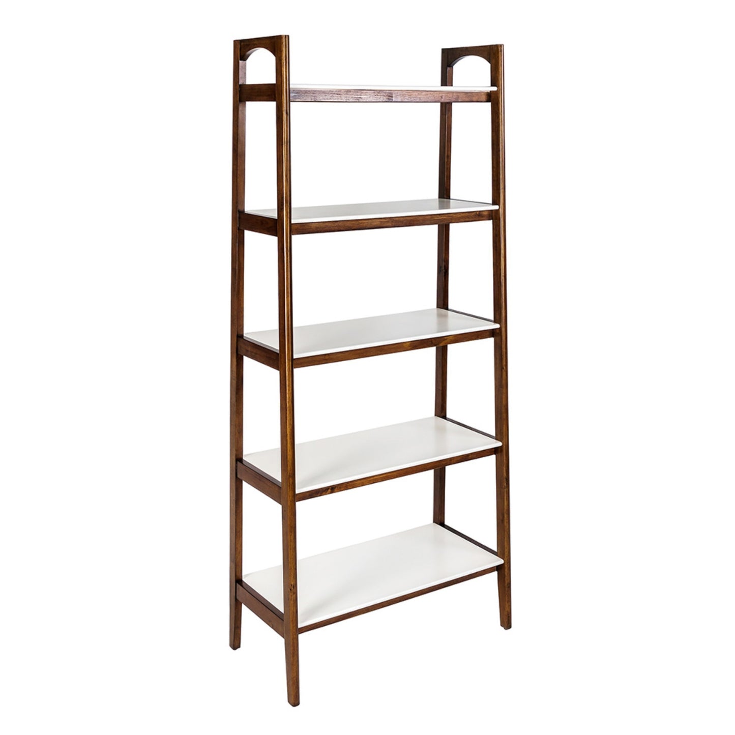 Mid-Century Design 5-Shelf Bookcase Off-White MDF and Pecan Wood