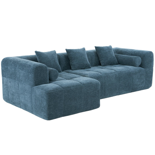 Modern Modular Sofa with Deep Seating, Two Side Pockets, and Plush Pillows in Blue Chenille Fabric, 101.2'