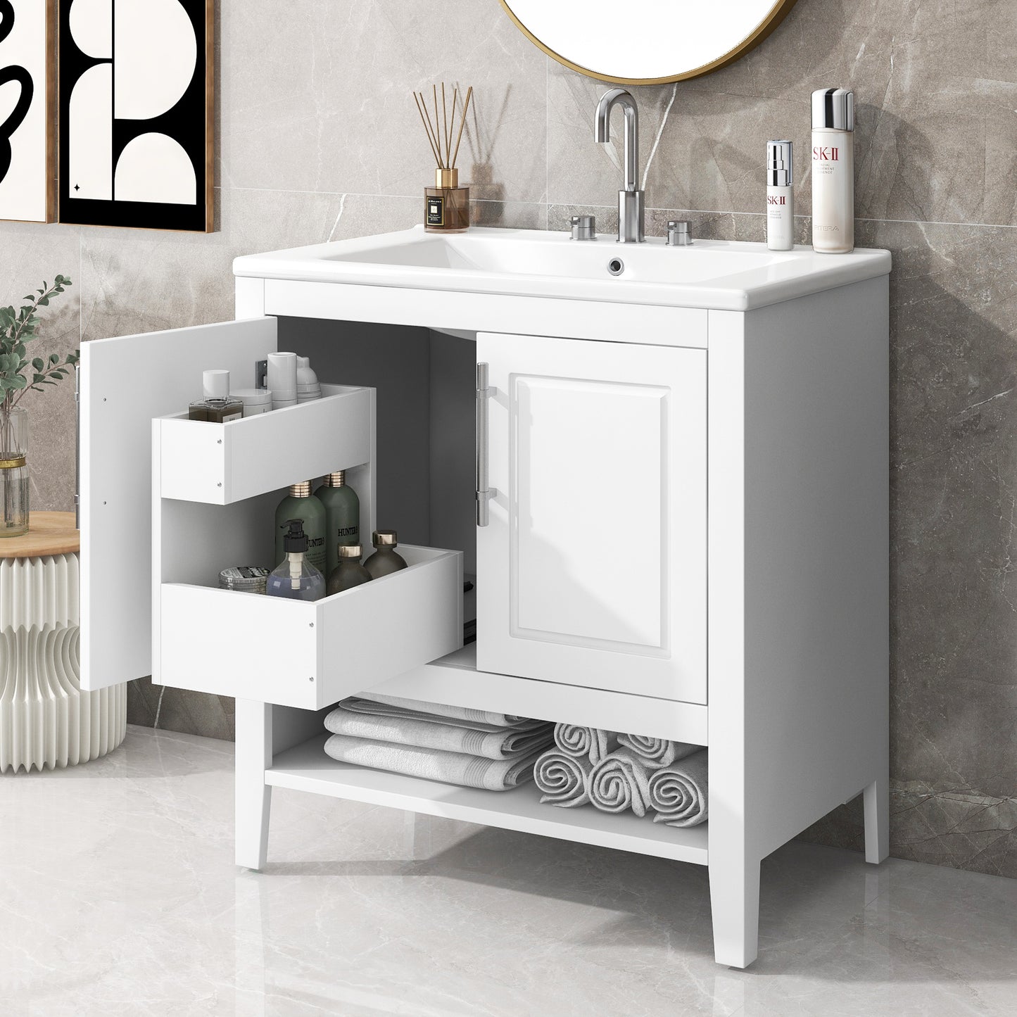 30' Bathroom Vanity with Sink, Multi-functional Bathroom Cabinet with Doors and Drawers, Solid Frame and MDF Board, White