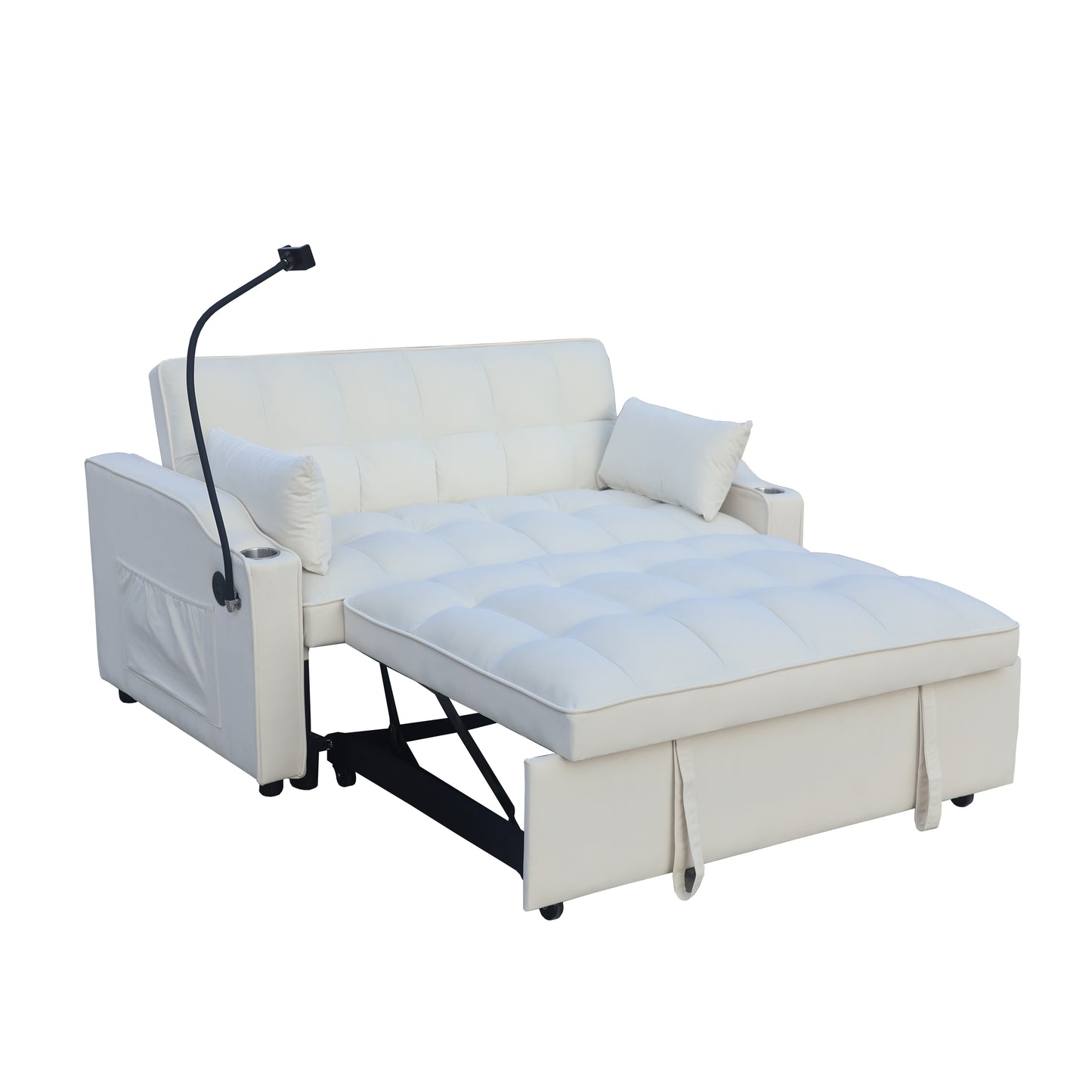 Modern Velvet Loveseat Futon Sofa Couch with Pullout Bed, Adjustable Reclining Backrest, Toss Pillows, Beige