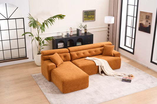 LY-029B Convertible Chaise Sectional Sofa, Full Compression Sponge Modular Couch for Apartment Living Room,Orange 3-Seater with Wood Grain Chenille, 2 Pillows Included, 86'L