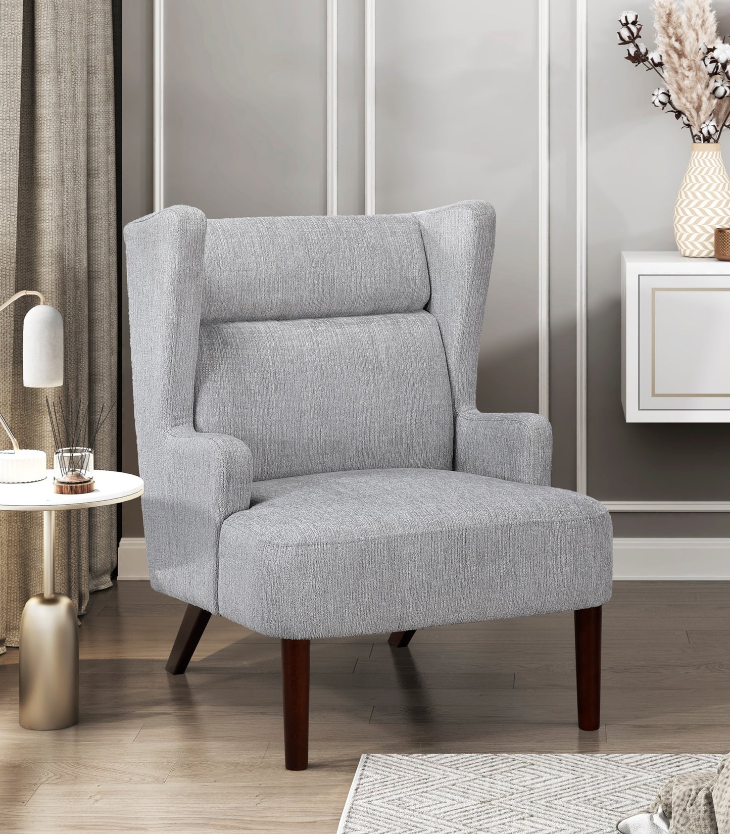 Contemporary Grey Wingback Accent Chair Chenille Upholstery Plywood Frame Living Room Furniture 1pc