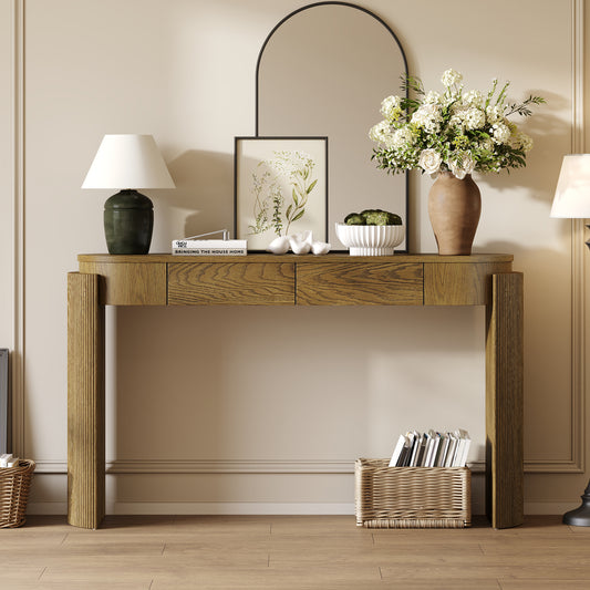 TREXM Entryway Table with Natural Wood Grain Finish, Console Table with Fluted Design, Oval Top and 2 Drawers for Entryway and Living Room (Pine Wood)