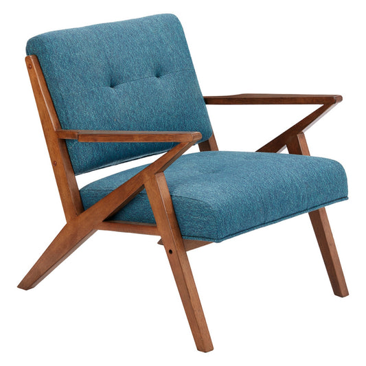 Lounge Chair with Tufted Upholstery and Solid Wood Frame in Blue and Pecan Finish