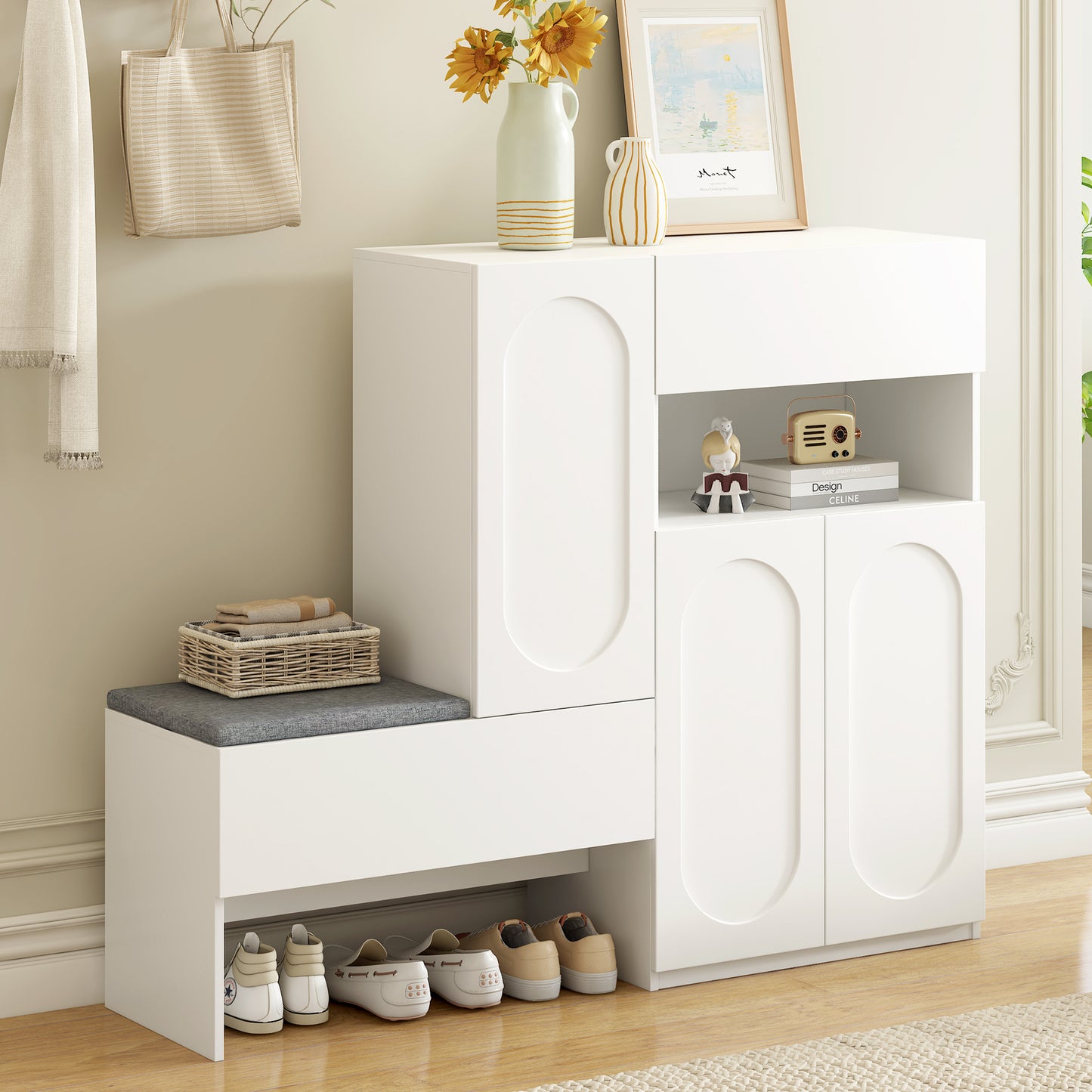 ON-TREND Elegant 2-in-1 Shoe Cabinets with Soft Cushion, Modern Storage Bench with Arched Doors & Rebound Devices, Versatile Shoe Rack Organizer with Adjustable Shelves for Hallway, Living Room, White