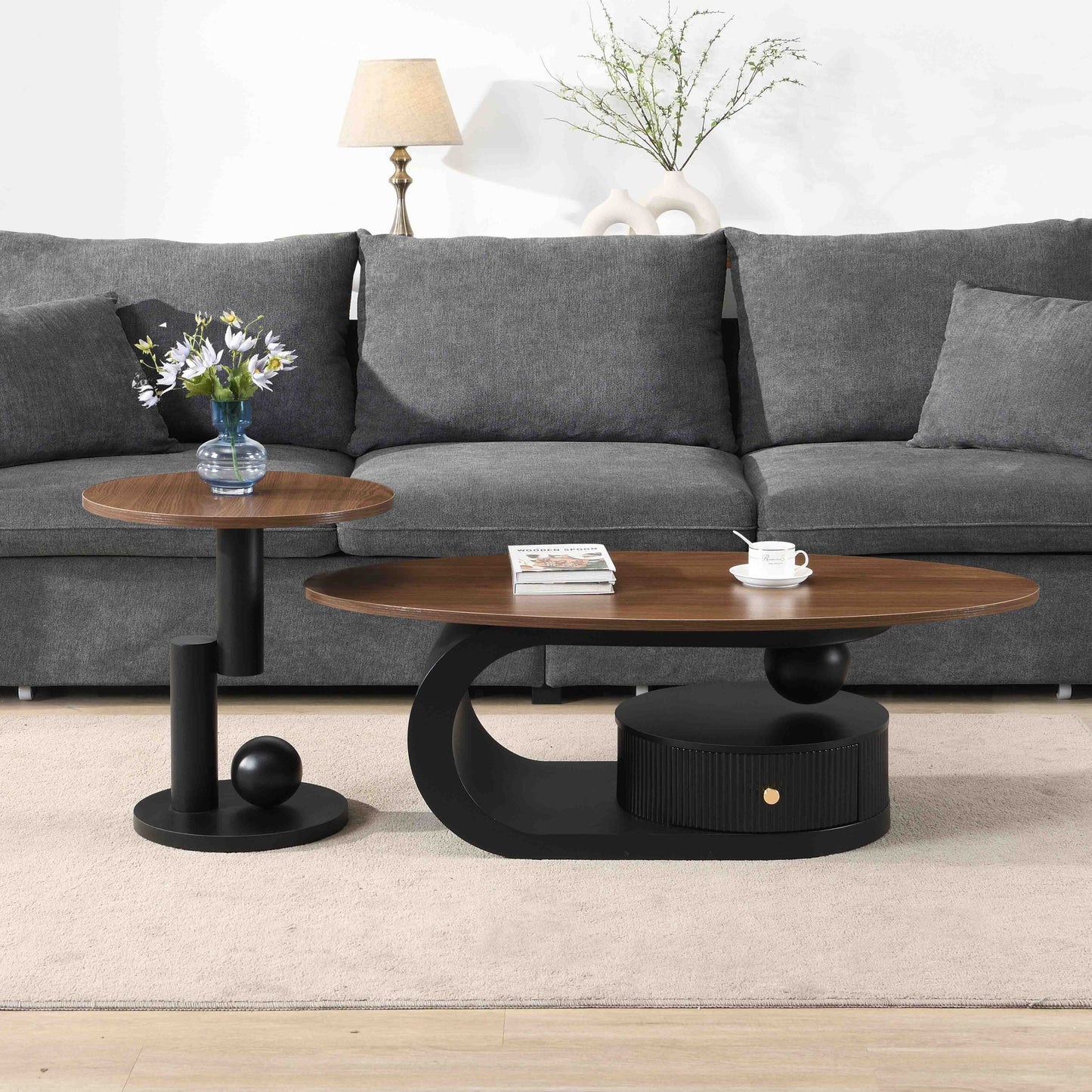 Luxury Nesting Coffee Table Set of 2,  Tables with Storage for Living Room, Oval and Round Table Set, Black Center Table, Cocktail Table, Side Table,  Large 47.24'', Small 19.69''