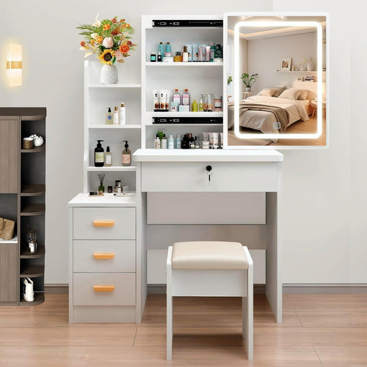 Vanity Desk with Sliding Mirror and Lights, Makeup Vanity Set with 4 Drawers, Stool, Power Outlet, Open Shelves, 3 Color Adjustable Lighting Modes, Makeup Dressing Table for Bedroom