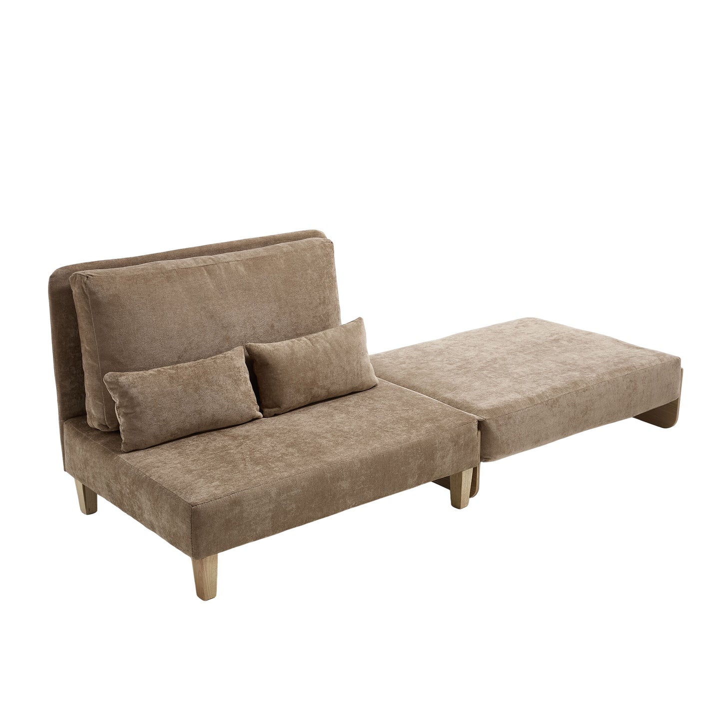 Mid-Century Modern Foldable Sofa Bed Recliner, 3-in-1 Convertible Sleeper with Three Pillows, Light Brown Chenille, Ideal for Small Spaces