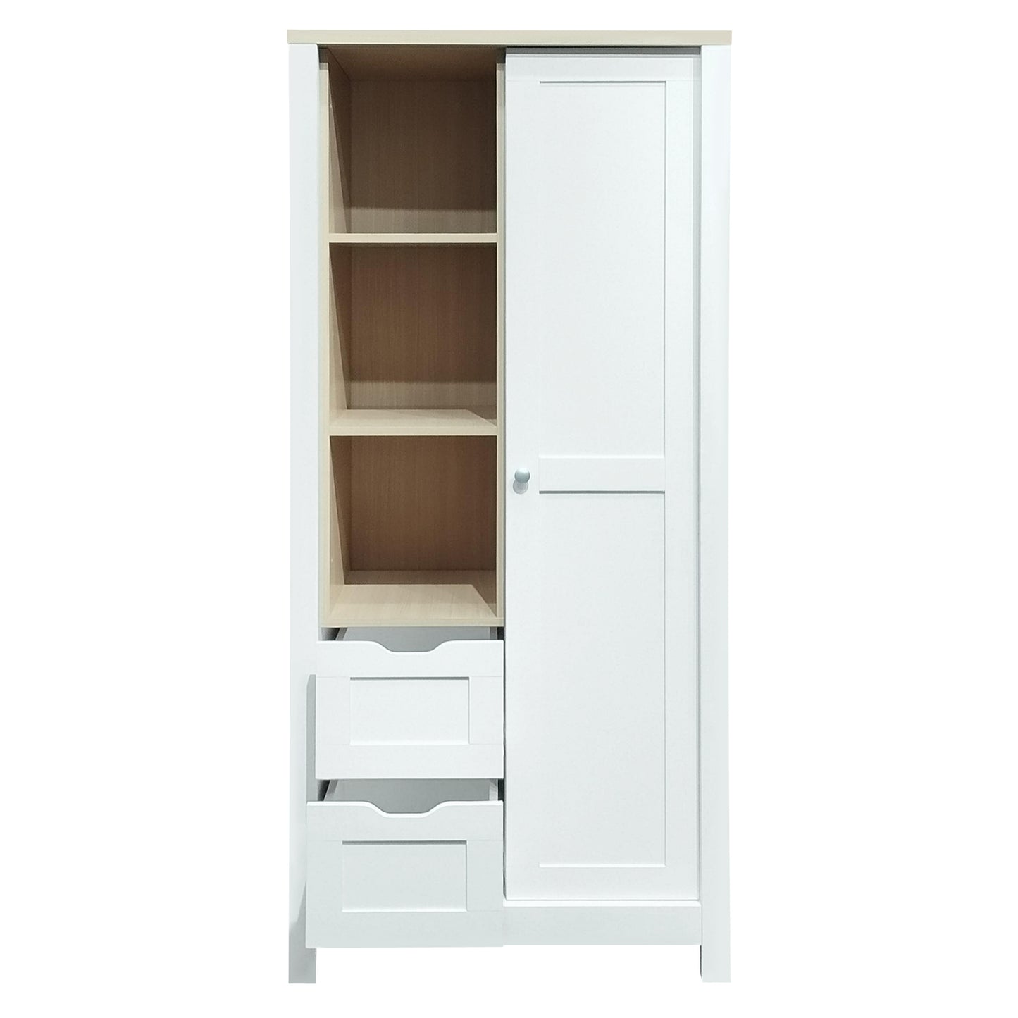 Modern Bedroom Storage Wardrobe with Hanging Rods, 2 Drawers, Open Shelves, Sliding Door, White MDF