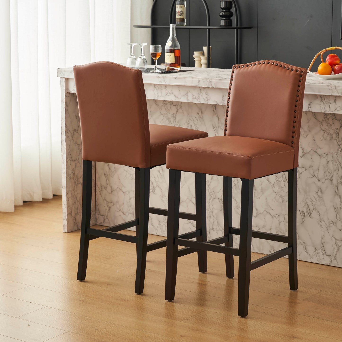 Barstools Set of 2, Counter Height Upholstered Bar Stools for Kitchen Island, Brown Rubberwood Legs PU Faux Leather Seating 300LBS Weight Capacity