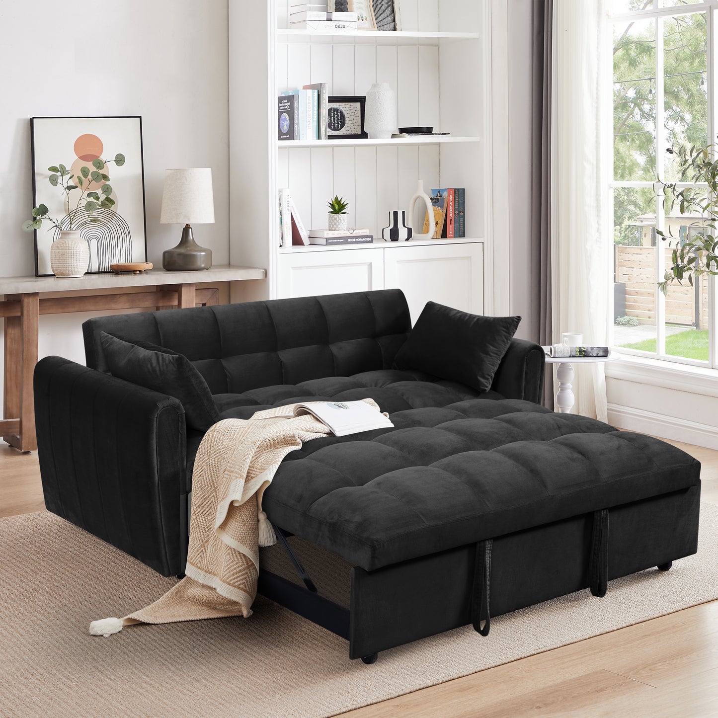 65 '3-in-1 foldable large size sofa bed, modern velvet double sofa, sofa bed with adjustable back, storage bag and pillow, suitable for living room, bedroom (biack)