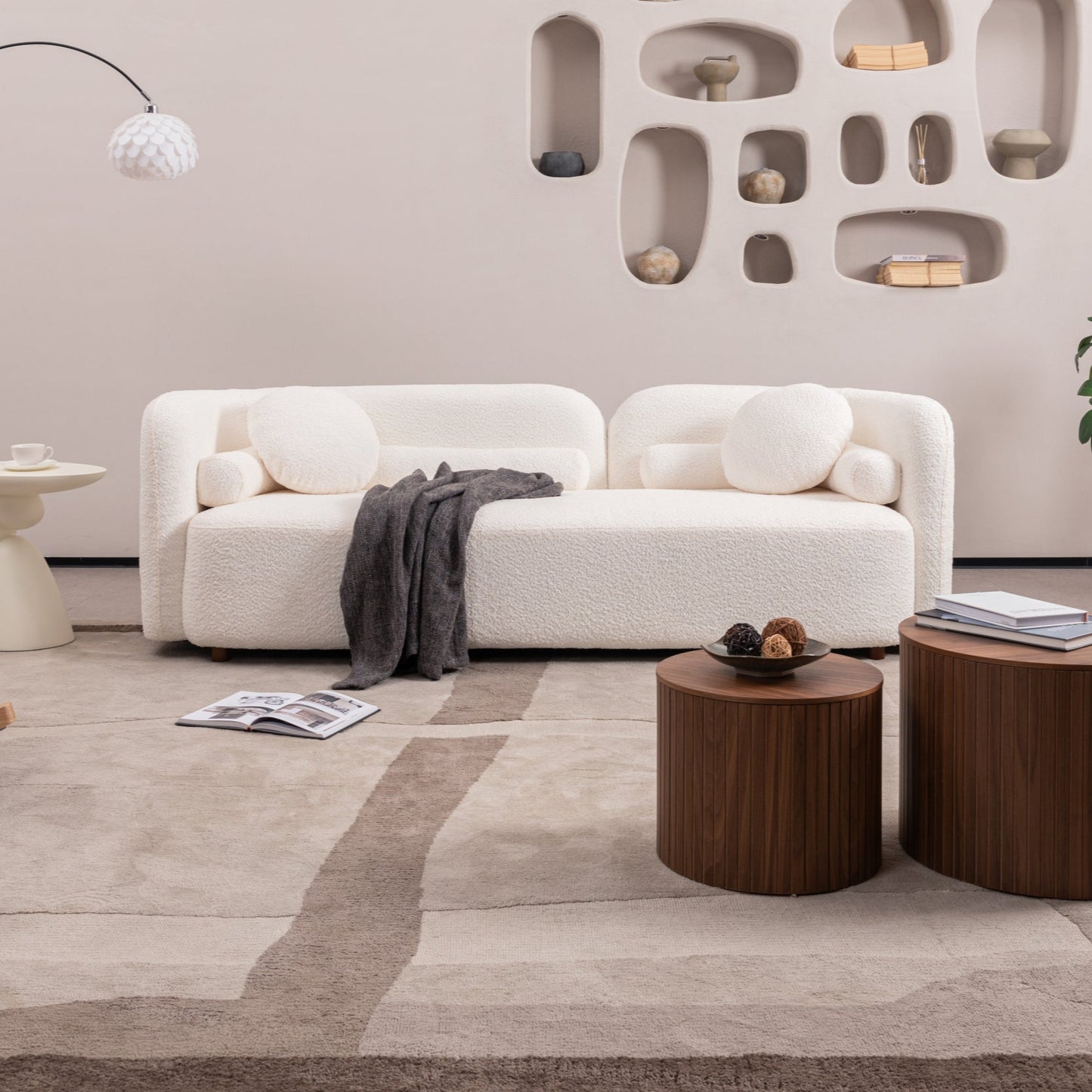 Luxury Modern Sofa Couch for Living Room, White Boucle Upholstered Cloud Couch for Apartment Home Office, 3 Seater