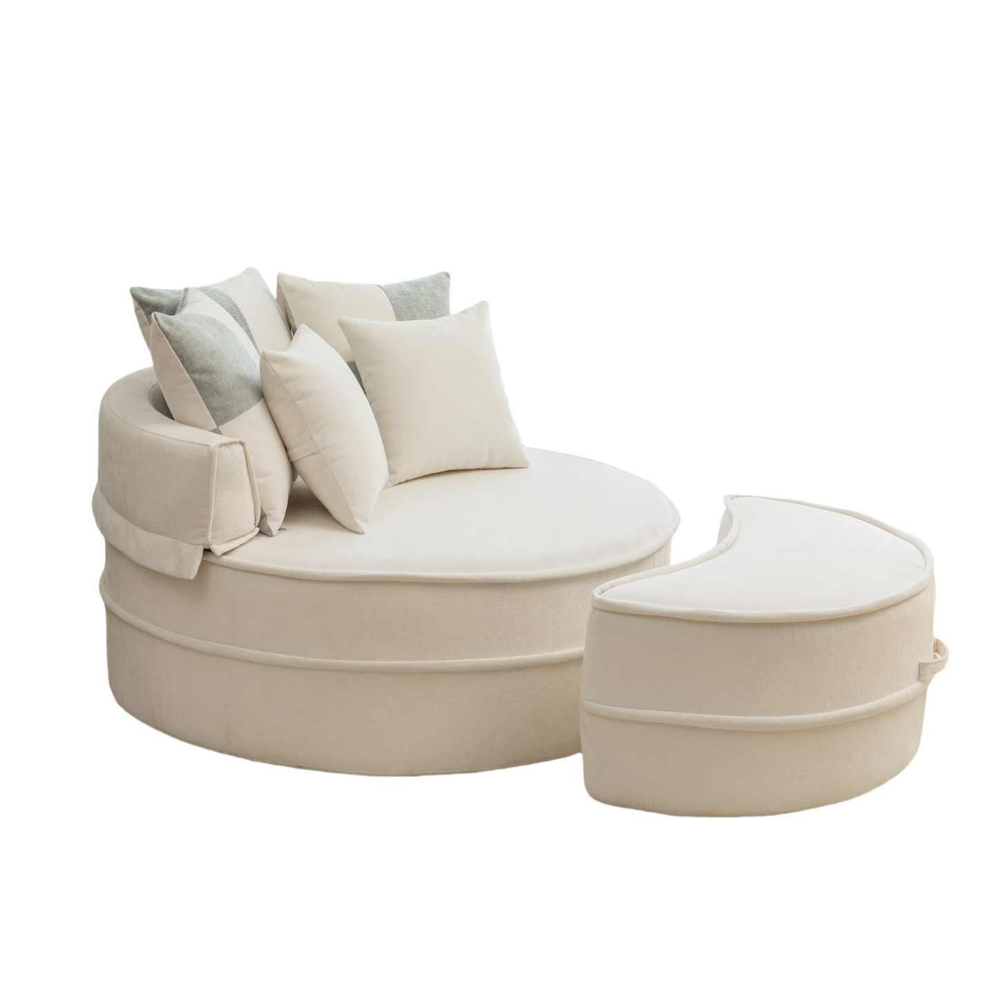 Modern Oversized Beige Round Barrel Accent Chair with Ottoman - Velvet Upholstered Lounge Armchair with 5 Pillows for Living Room or Bedroom