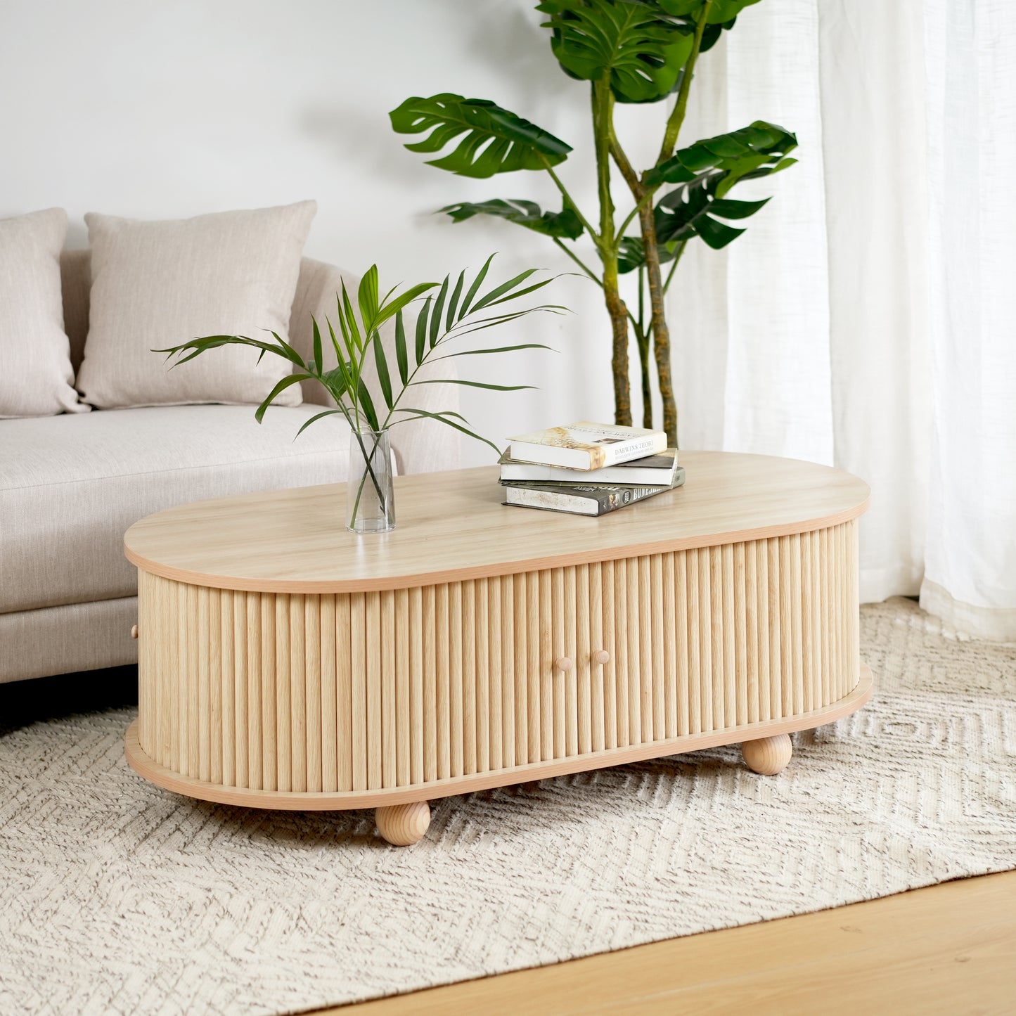 MDF ELEGANT LONG OVAL STORAGE SIDE TABLE WITH RETRO CHARM, NATURAL COLOR