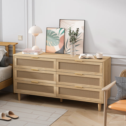 59.06'6-Drawers Rattan Storage Cabinet Rattan Drawer with White Drawer Slides,for Bedroom,Living Room,Natural