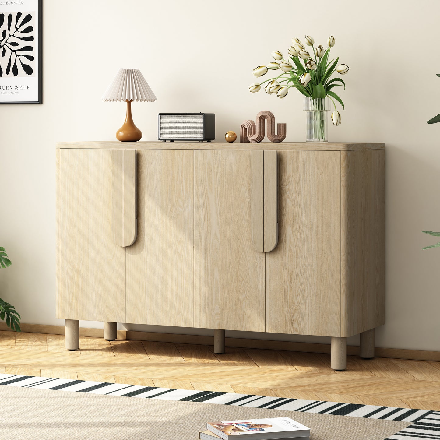 TREXM 4-Door Buffet Cabinet with Storage, Wood Sideboard Cabinet with Unique Arc Handles and Adjustable Shelves for Dining Room, Kitchen, and Living Room (Natural)
