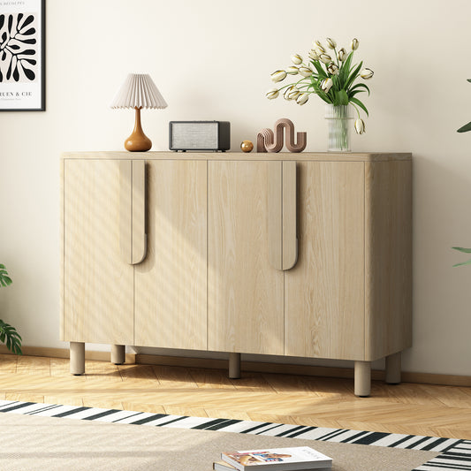 TREXM 4-Door Buffet Cabinet with Storage, Wood Sideboard Cabinet with Unique Arc Handles and Adjustable Shelves for Dining Room, Kitchen, and Living Room (Natural)