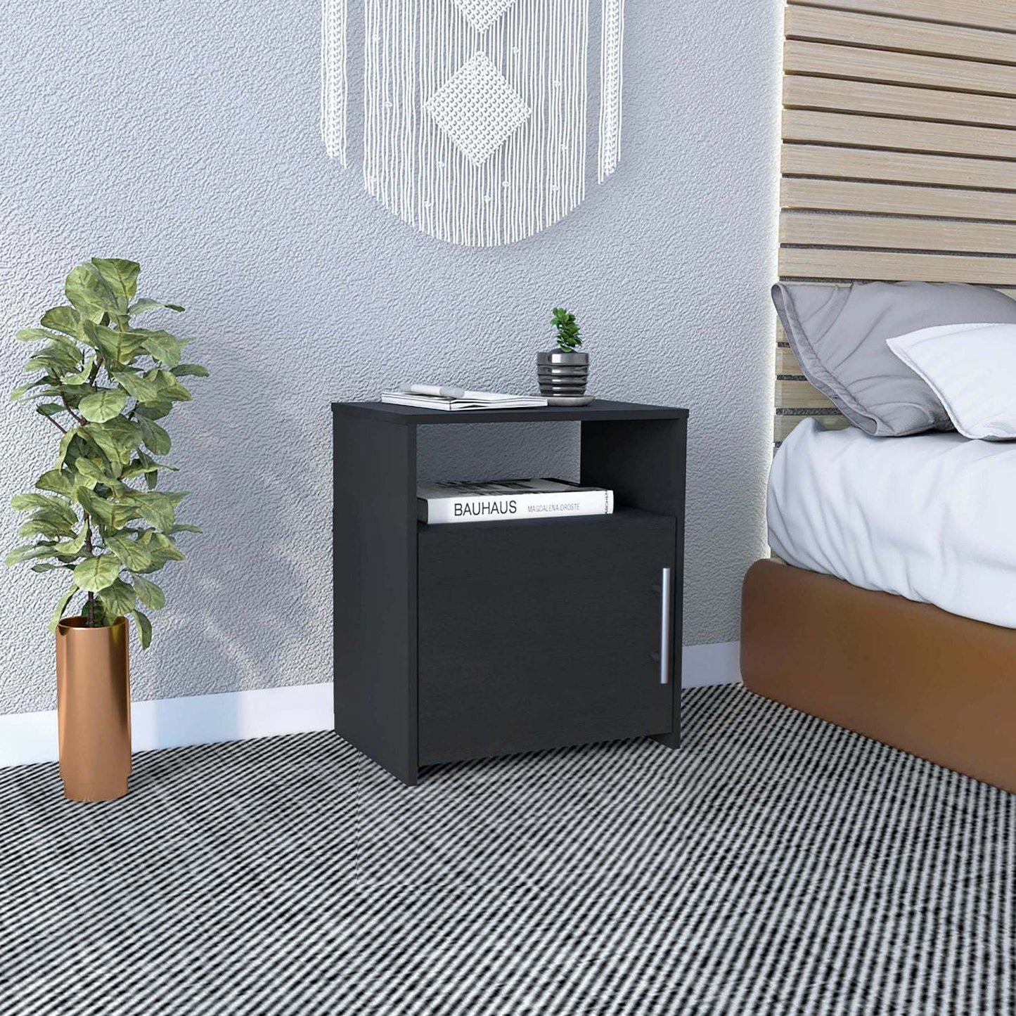 Nightstand, Single Door Cabinet, Metal Handle, One Shelf, Superior Top, Black