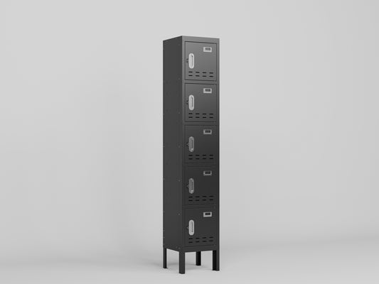5 Door Tall Single Shelf Metal Storage Cabinet - Vintage Style Storage Cabinet - Industrial Furniture - For Living Room / Bedroom / Storage Room / Gym / School - Black