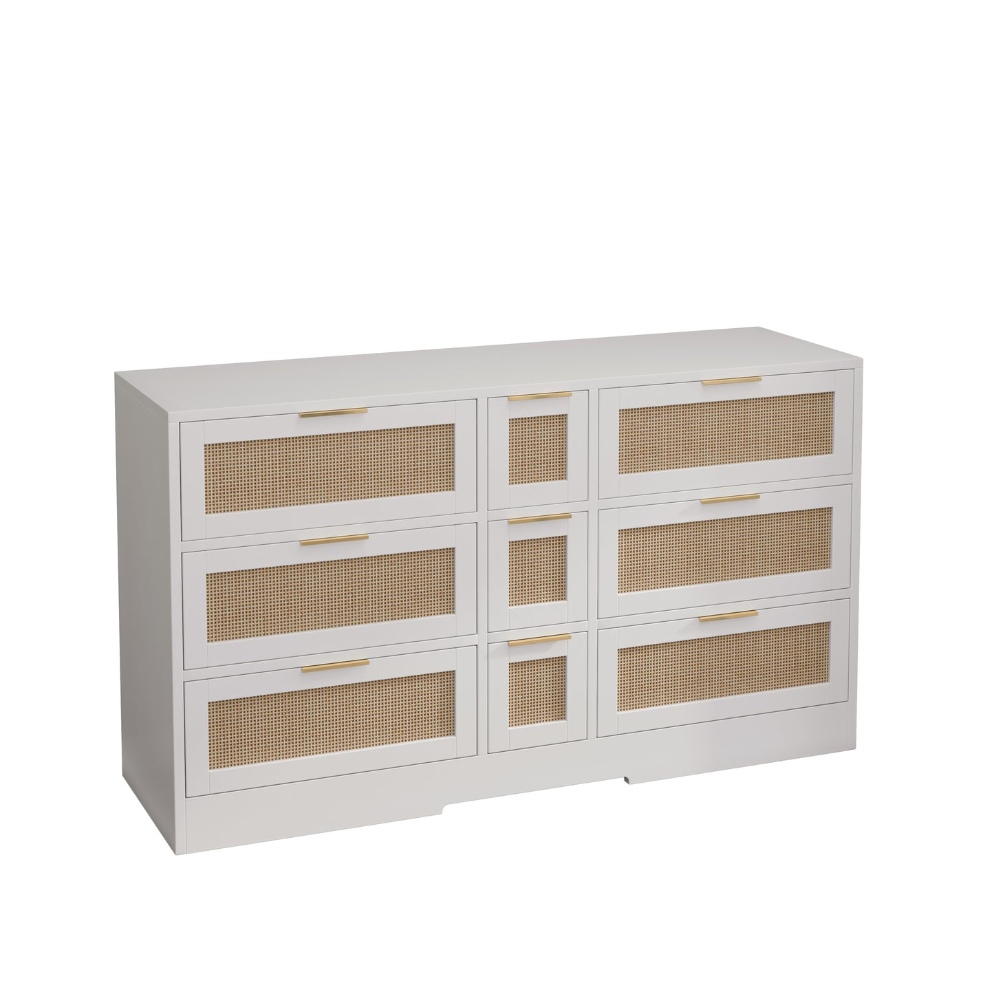 Elegant Rattan Locker with 9 Drawers, Metal Handles, White MDF, 51.2 Inches for Kitchen, Living Room, Bedroom