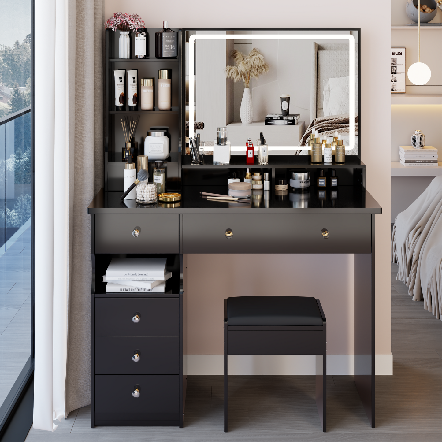 41' Large Size Left Drawer Desktop Vanity Table+Cushioned Stool, Extra Large Touch Control LED Mirror, 3-color Switch, Multi Layer High Capacity Storage Fashionable Dresser, Suitable For Large Space