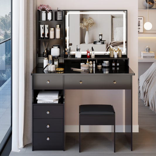 41' Large Size Left Drawer Desktop Vanity Table+Cushioned Stool, Extra Large Touch Control LED Mirror, 3-color Switch, Multi Layer High Capacity Storage Fashionable Dresser, Suitable For Large Space
