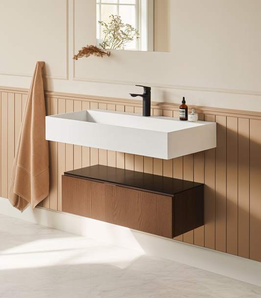 36' x 18' Solid Surface Wall Mount Rectangle Matte White Vessel Sink with Faucet Hole