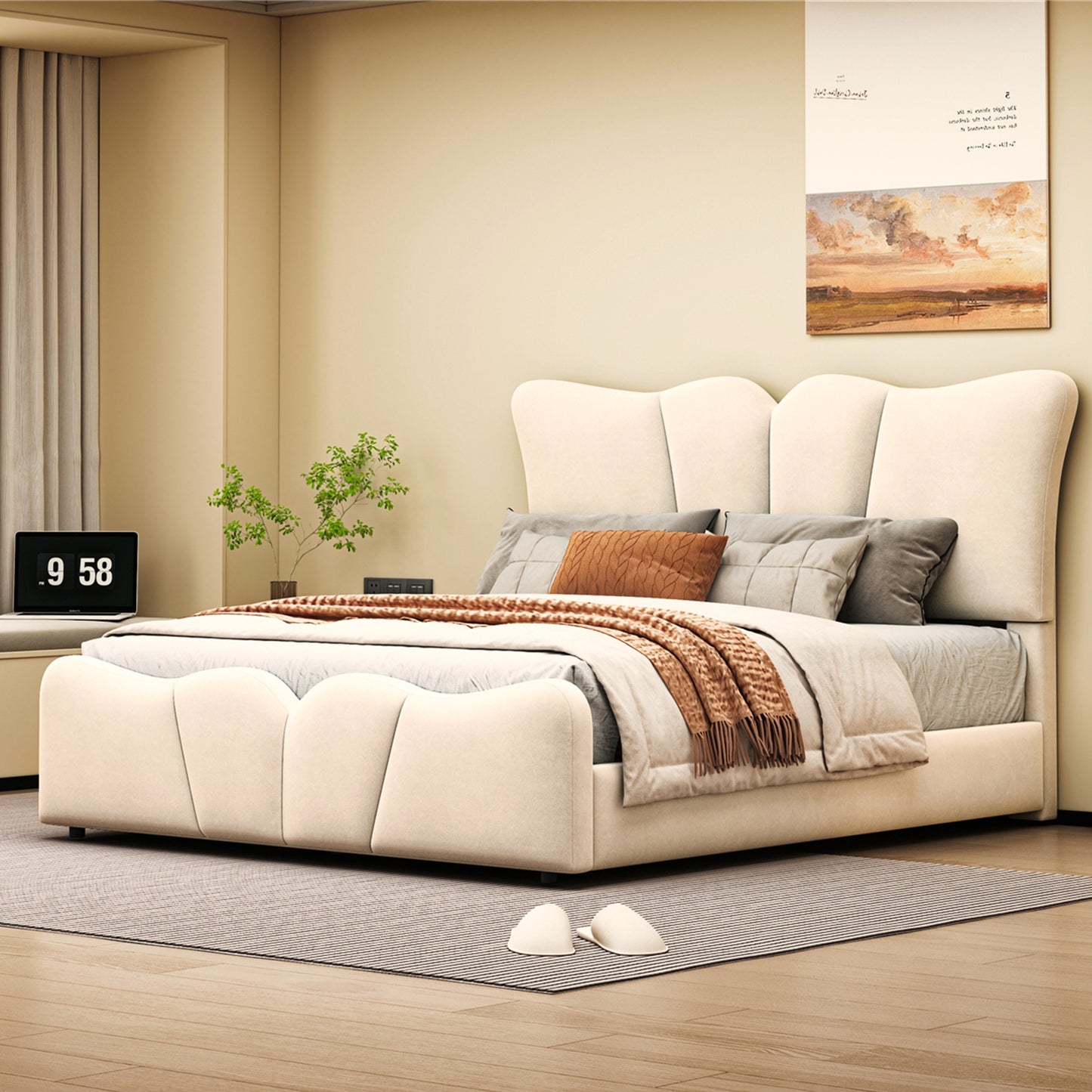 Full Size Upholstered Platform Bed Velvet Upholstered Bed, Beige