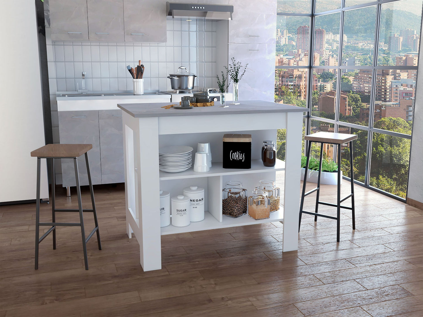 Kitchen Island, kitchen table 35' H, Four Legs, Three Open Storage Shelves, White / Ibiza Marble