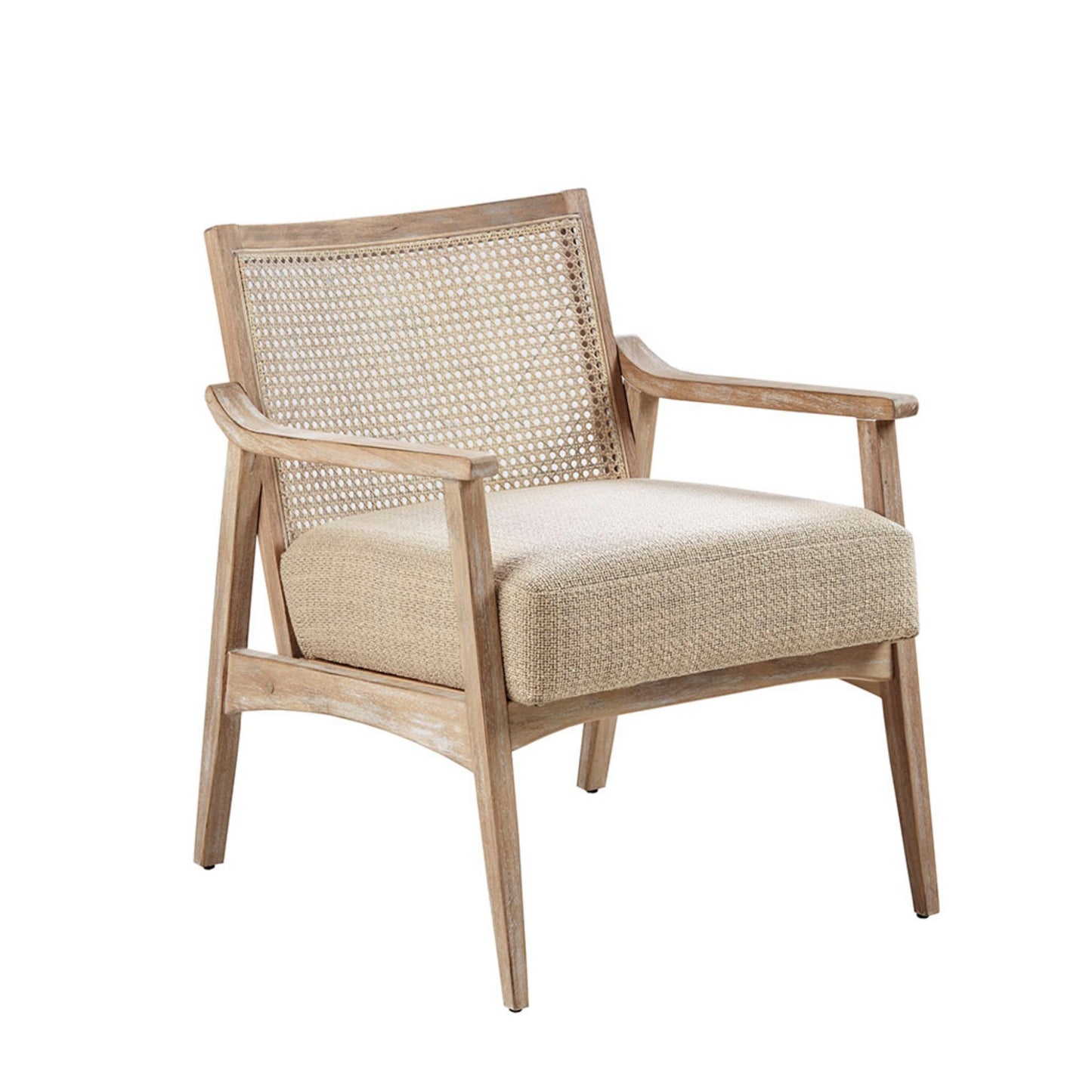 Chair with Cane Inset Back and Upholstered Seat in Light Brown, Rubber Wood Frame