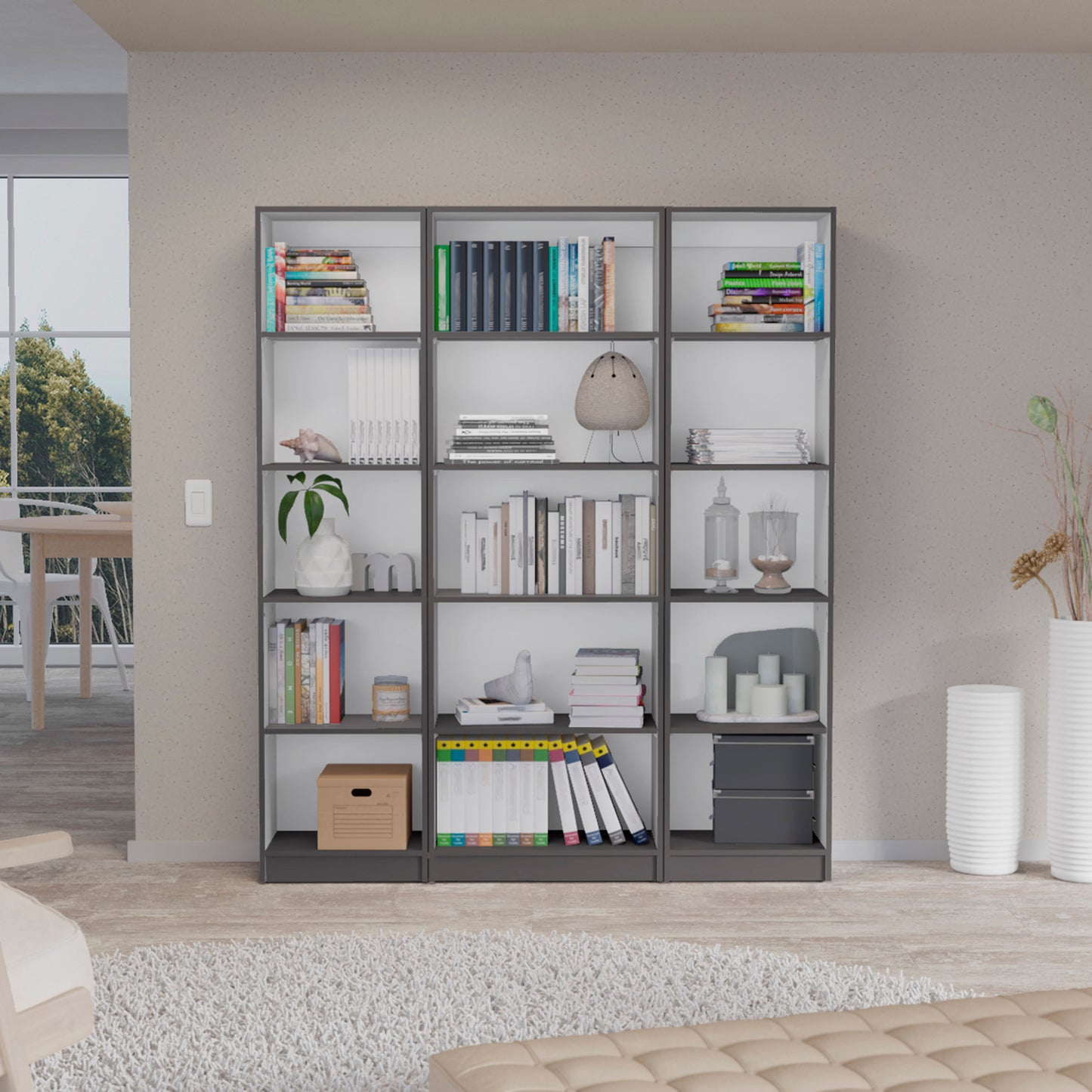 Bartow 3 Piece Home Bookcase set, 60' Wide with 15 Shelves , Living Room Set Set Matt Gray - White