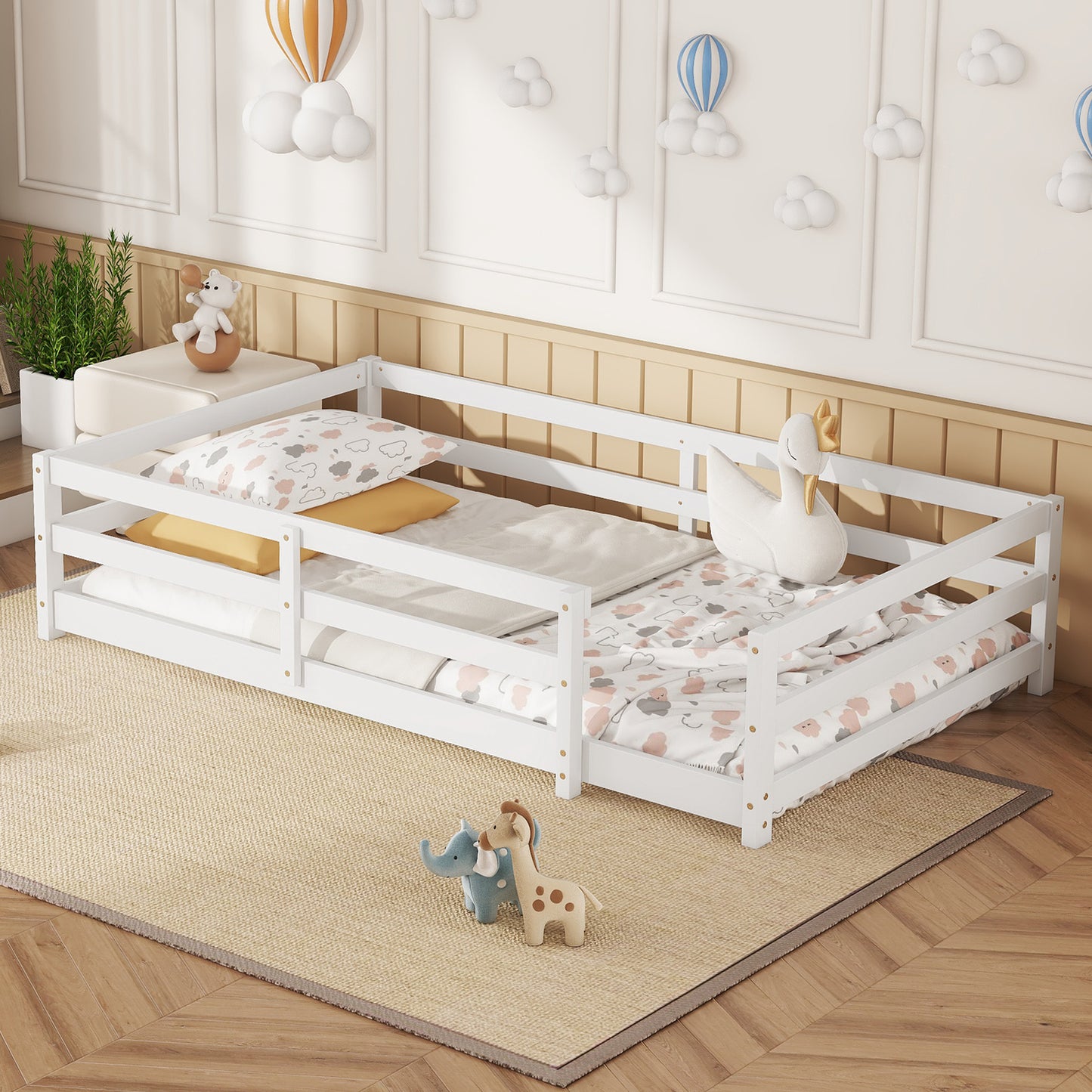 Twin Size Floor Bed, Montessori Floor Bed with Fence, Kids Montessori Bed Twin Size, Wood Montessori Floor Bed for Kids, Girls, Boys(WHITE)