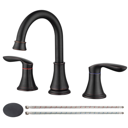 2-Handle 8 inch Widespread Bathroom Sink Faucet Oil-Rubbed Bronze Lavatory Faucet 3 Hole 360° Swivel Spout Vanity Sink Basin Faucets with Pop Up Drain Assembly and cUPC Water Supply Hoses
