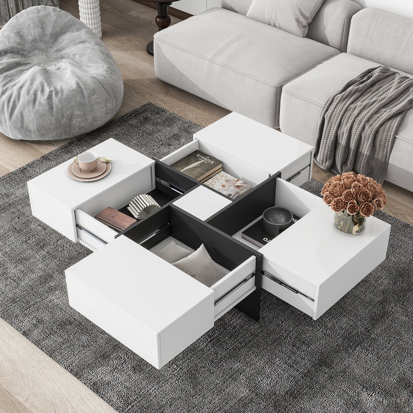 ON-TREND Unique Design Coffee Table with 4 Hidden Storage Compartments, Square Cocktail Table with Extendable Sliding Tabletop, UV High-gloss Design Center Table for Living Room, 31.5'x 31.5'