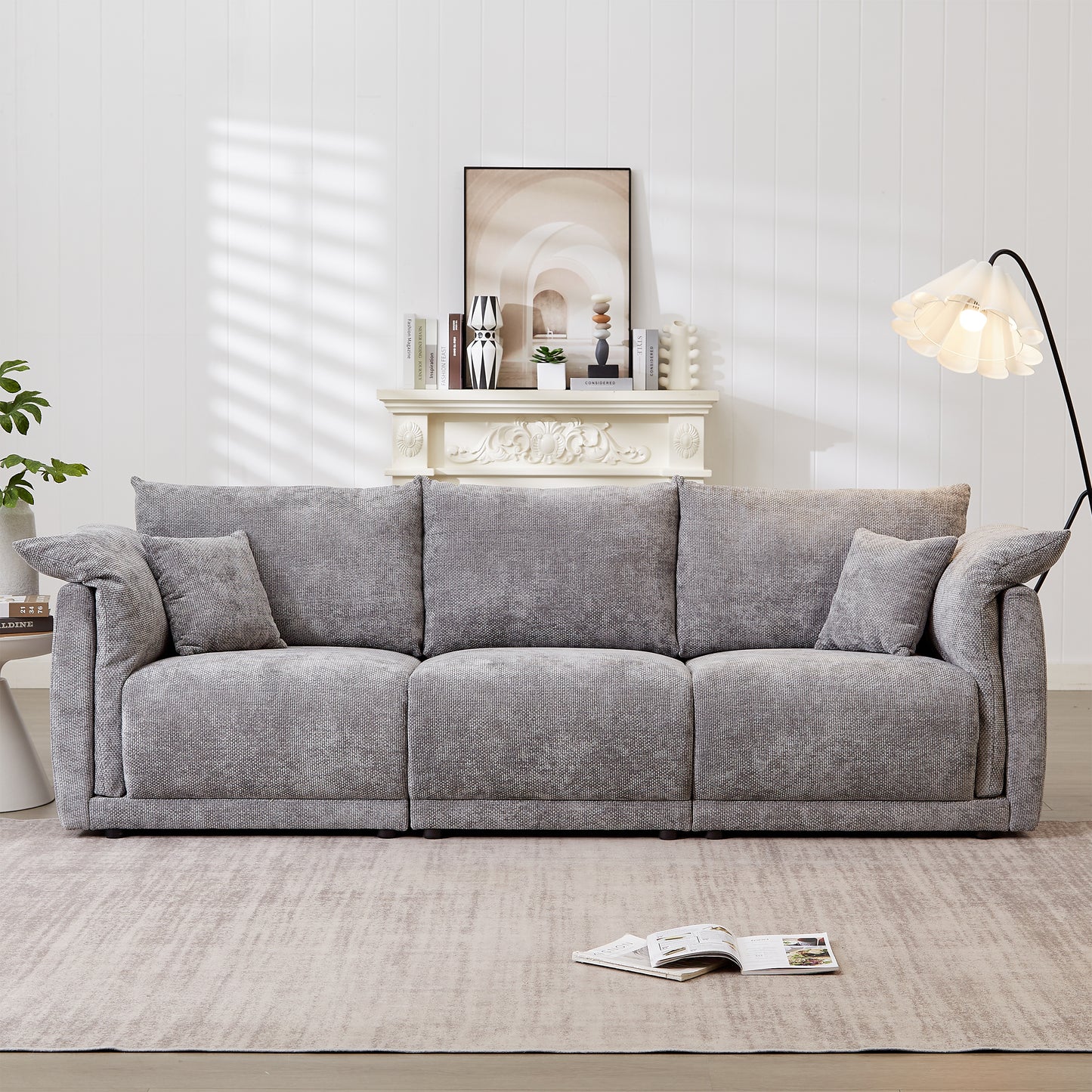 98.5' 3-seater sofa with unique design and soft arm pillows Contemporary style linen sofa with 3 comfortable cushions with 2 pillows Suitable for living room bedroom and office,grey