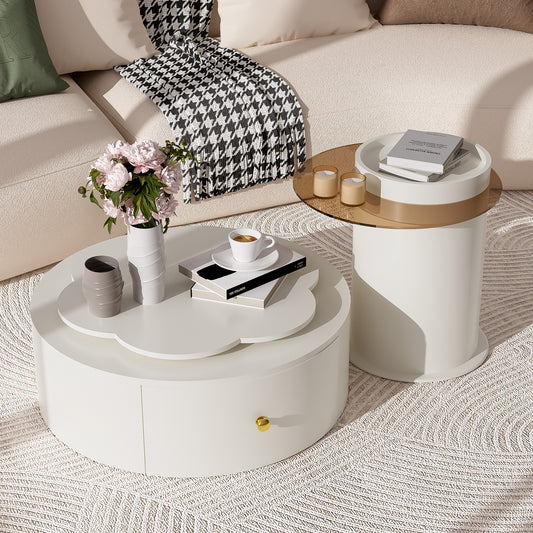 U-Can Modern Round Coffee Table Set of 2 , 360-Degree Rotatable Flower-shaped Top with 2 Drawers, Top Circle Side Table End Table with Glass for Living Room