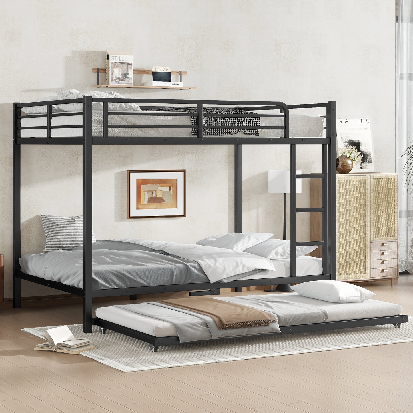 Full over Full Metal Bunk Bed with Twin Size Trundle, Black