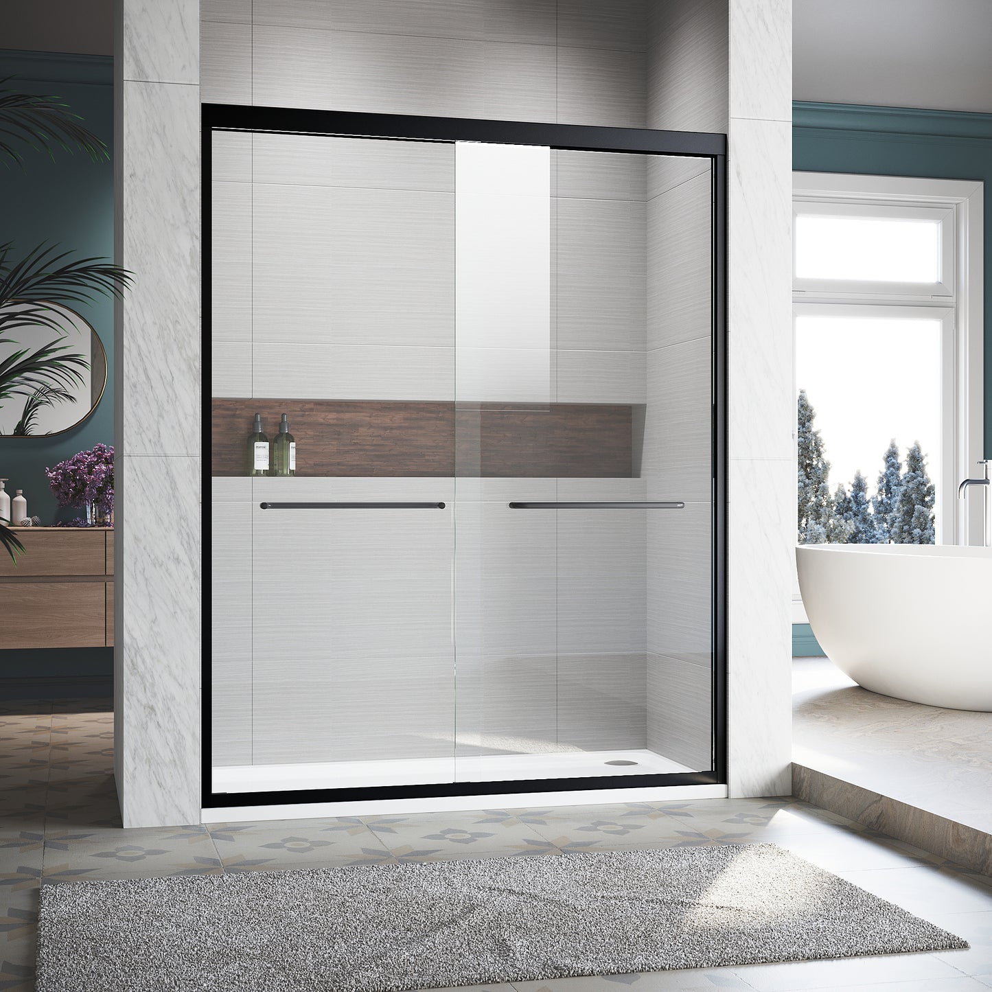 Sliding Shower Glass Door 44-48 in. W x 72 in. H, Adjustable Semi Frameless Shower Door, Certified Thick Clear Clear Tempered Glass, 304 Stainless Steel Handles, Black Finish