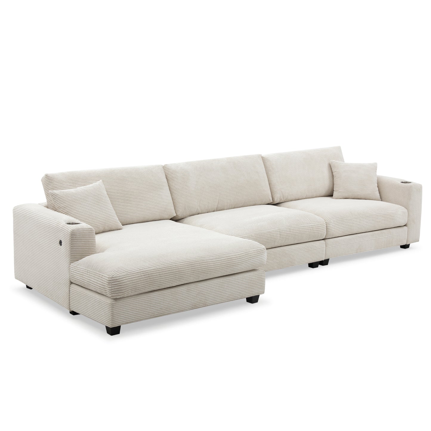 Oversized Corduroy Sectional Sofa with USB Charging Port & Cup Holder, Deep Seat, L Shaped Cloud Couch, 134*54”, 3 Colors
